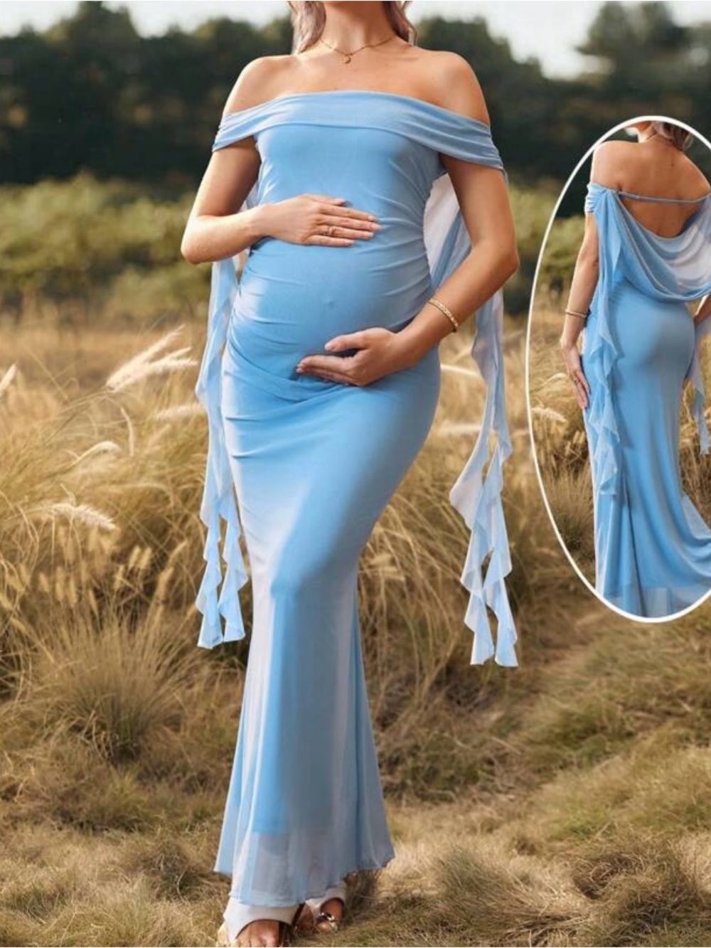 Off-Shoulder Light Blue Maternity Gown